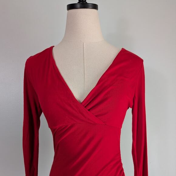 INC Y2K Babydoll Top S Red Vneck 3/4 Sleeve Elena Bella Empire Stretch Knit - Picture 3 of 8